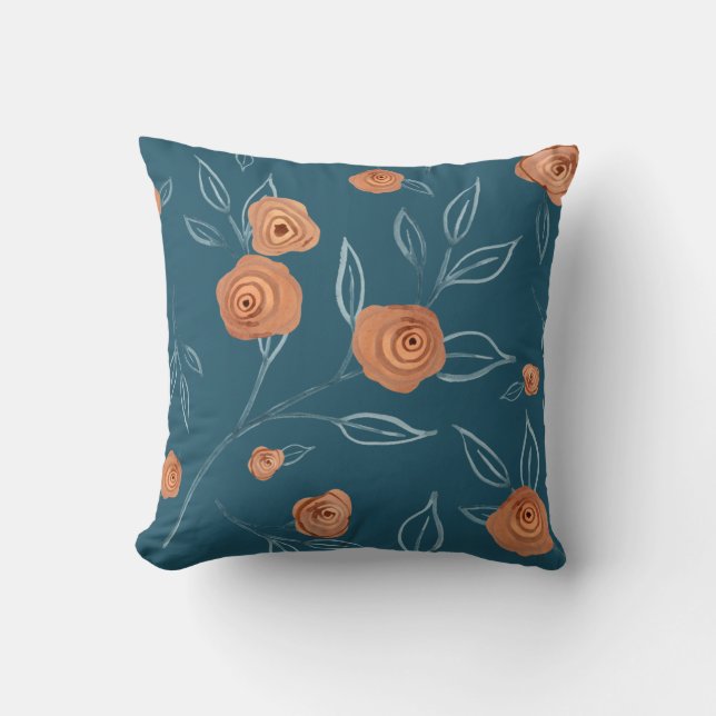 BOHO Modern Floral Watercolor Turquoise Peach Leaf Cushion (Front)