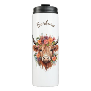 Boho Modern Highland Cow with Flowers Thermal Tumbler