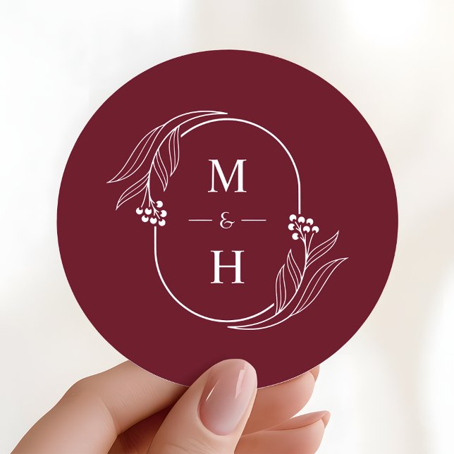 Boho Modern Monogram Elegant Burgundy Wedding Classic Round Sticker (Creator Uploaded)