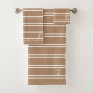 Boho Modern Monogrammed Name Striped Tan Brown Bath Towel Set