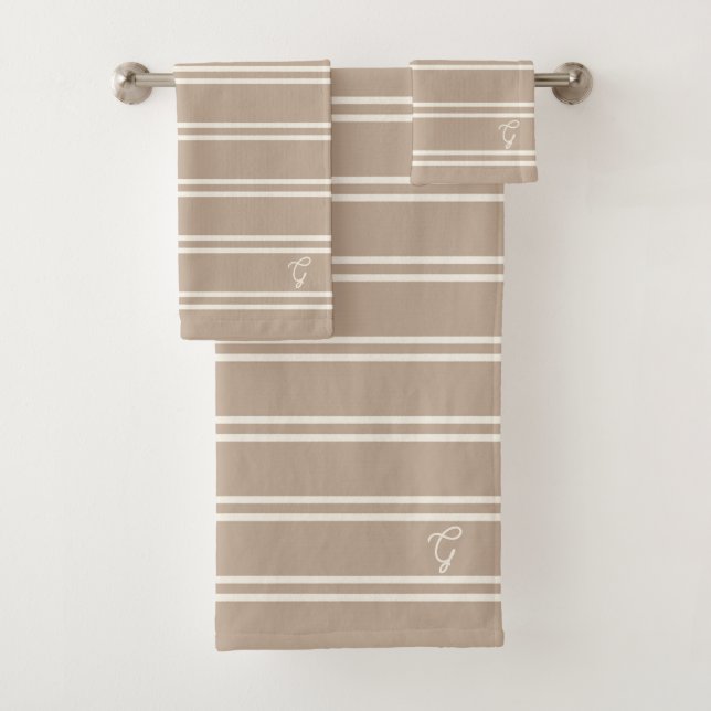 Boho Modern Monogrammed Name Striped Taupe Bath Towel Set (Insitu)