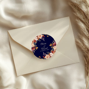 Boho Modern Navy Blue Burnt Orange Floral Wedding Classic Round Sticker