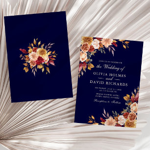 Boho Modern Navy Blue Burnt Orange Floral Wedding Invitation