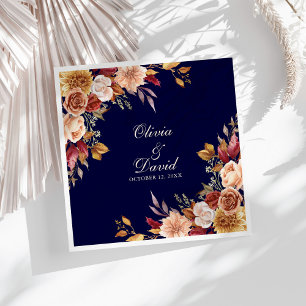 Boho Modern Navy Blue Burnt Orange Floral Wedding Napkin