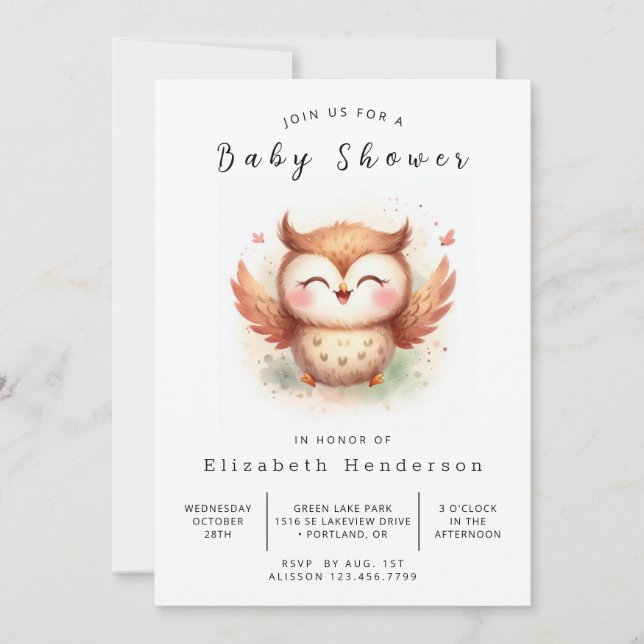 Boho Modern Owl Baby Shower Invitation (Front)