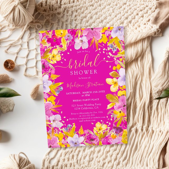 Boho modern purple lavender floral bridal shower invitation (Boho modern purple lavender floral bridal shower invitation on hot pink)