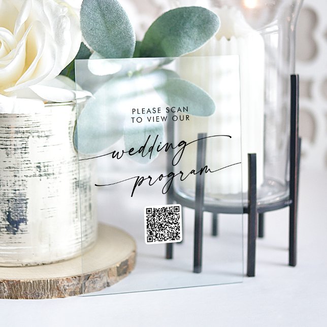 Boho Modern QR Code Clear Acrylic Wedding Program Sign (Boho Modern QR Code Clear Acrylic Wedding Program Acrylic Sign)