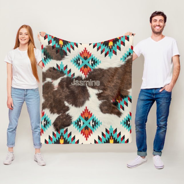 Boho Modern Rustic South Western Cowhide Name Fleece Blanket (In Situ)