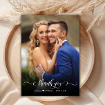 Boho Modern Script Photo Wedding Thank You Card<br><div class="desc">Boho Modern Chic Calligraphy Script Wedding 2 Photo Thank You Card. Stylish wedding thank you template featuring a full vertical photo on the front with the text "Thank You" in a whimsical swirly hand lettering typography script swash tail font in white overlay on the picture. Little cute love heart motif...</div>