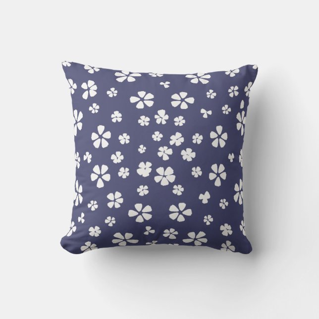 Boho modern white wildflower dusty navy blue cushion (Front)