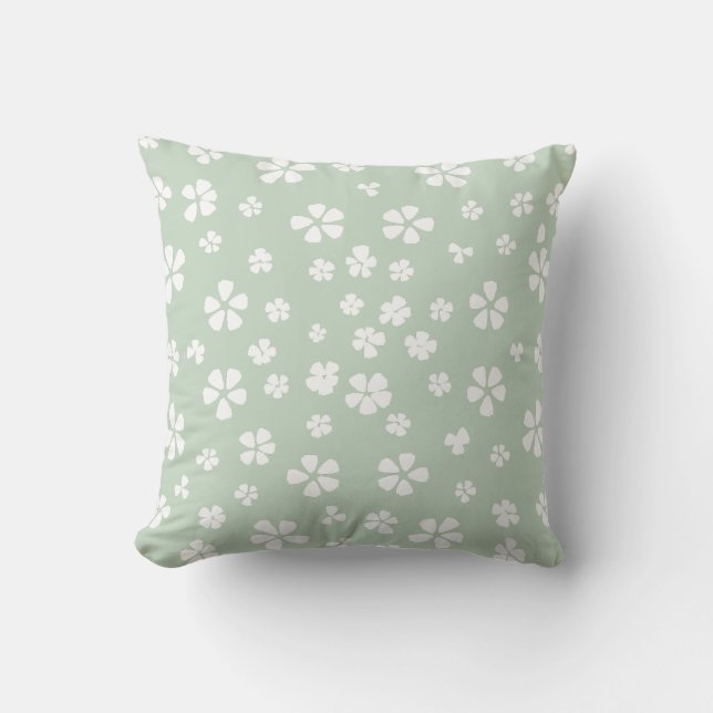 Boho modern white wildflower mist green cushion (Front)