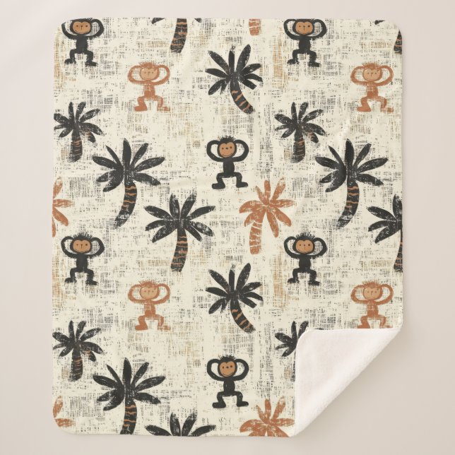 Boho Monkey Jungle Safari Pattern Sherpa Blanket (Front)