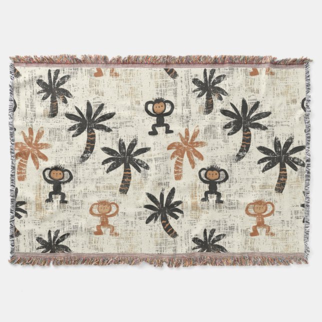 Boho Monkey Jungle Safari Pattern Throw Blanket (Front)