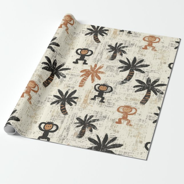 Boho Monkey Jungle Safari Pattern Wrapping Paper (Unrolled)