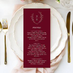 Boho Monogram Elegant Burgundy Wedding Dinner Menu