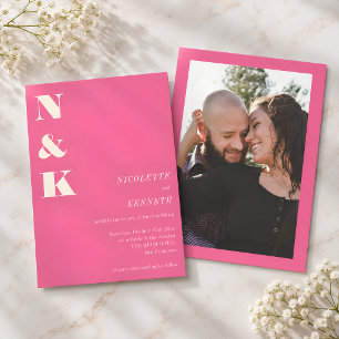 Boho Monogram Initials Hot Pink Photo Wedding Invitation