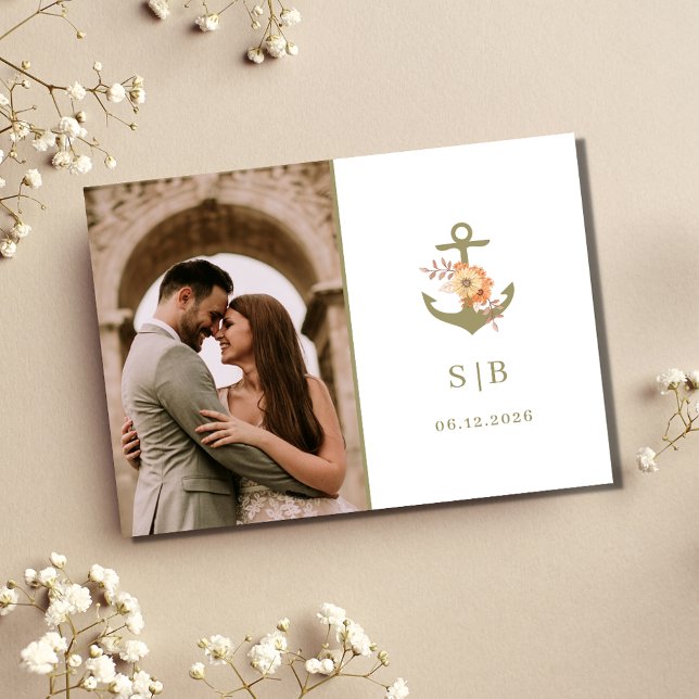 Boho Monogram Wedding Photo Thank You  Card (Boho Nautical Photo Wedding Thank You Cards)