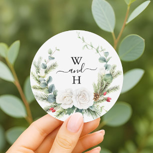Boho Monogram Winter Greenery Wedding Favor Classic Round Sticker