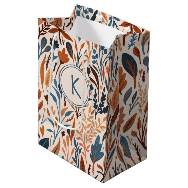 Boho Monogrammed Fall Leaves Medium Gift Bag (Front Angled)