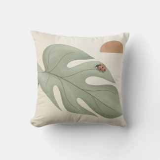 Boho Monstera Leaf & Ladybug Throw Pillow — Sage G