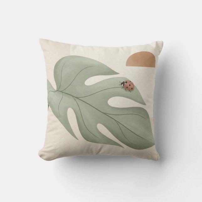 Boho Monstera Leaf & Ladybug Throw Pillow — Sage G (Front)