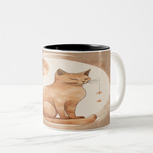 Boho Moon Cat Design Two-Tone Coffee Mug (Front Right)