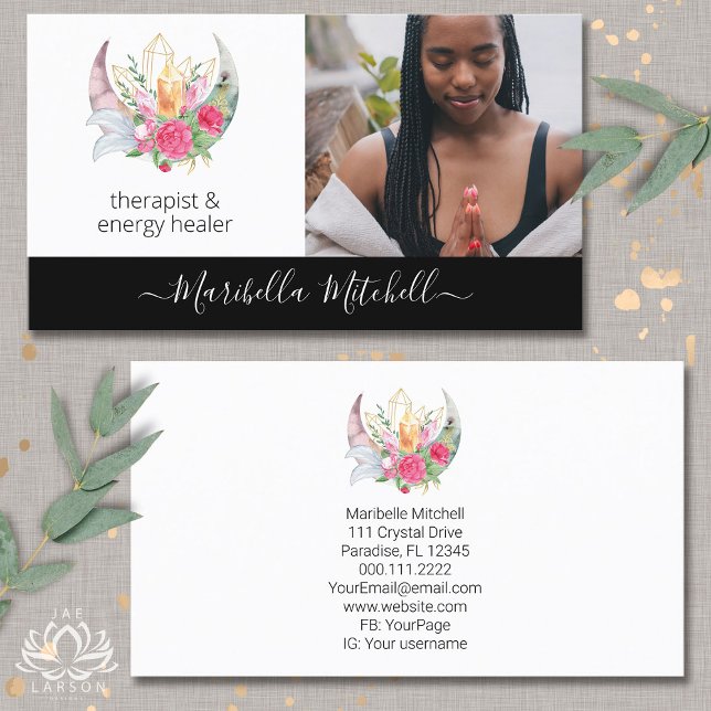 Boho Moon Crystals Feathers Flowers Feathers Photo Business Card (Creator Uploaded)