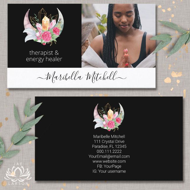 Boho Moon Crystals Feathers Flowers Feathers Photo Business Card (Creator Uploaded)