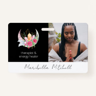 Boho Moon Crystals Feathers Flowes Therapist ID Badge