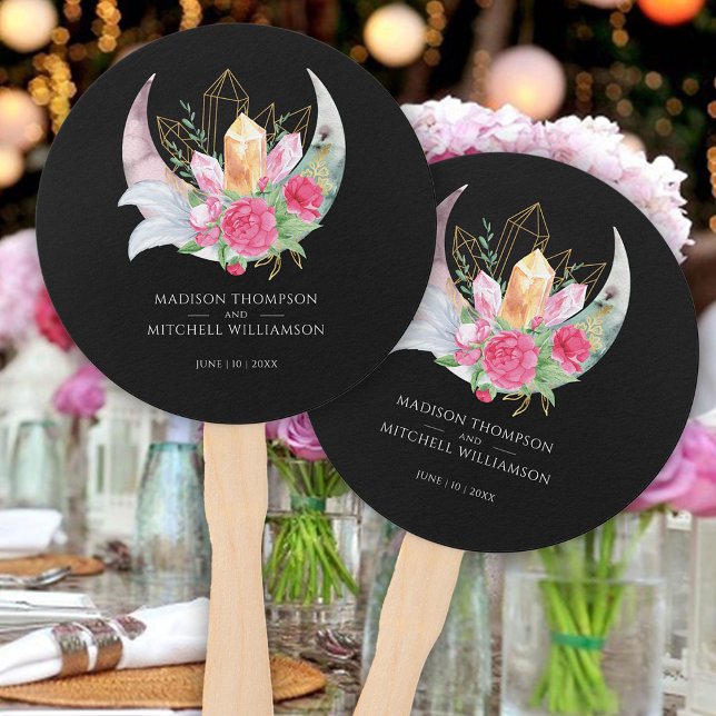 Boho Moon Crystals Feathers Pink Flowers Wedding  Hand Fan (Creator Uploaded)
