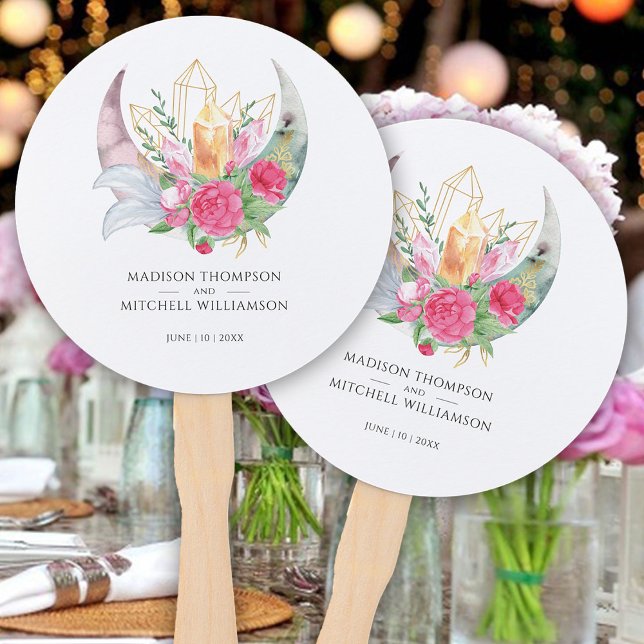 Boho Moon Crystals Feathers Pink Flowers Wedding  Hand Fan (Creator Uploaded)
