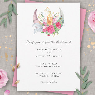 Boho Moon Crystals Feathers Pink Flowers Wedding   Invitation