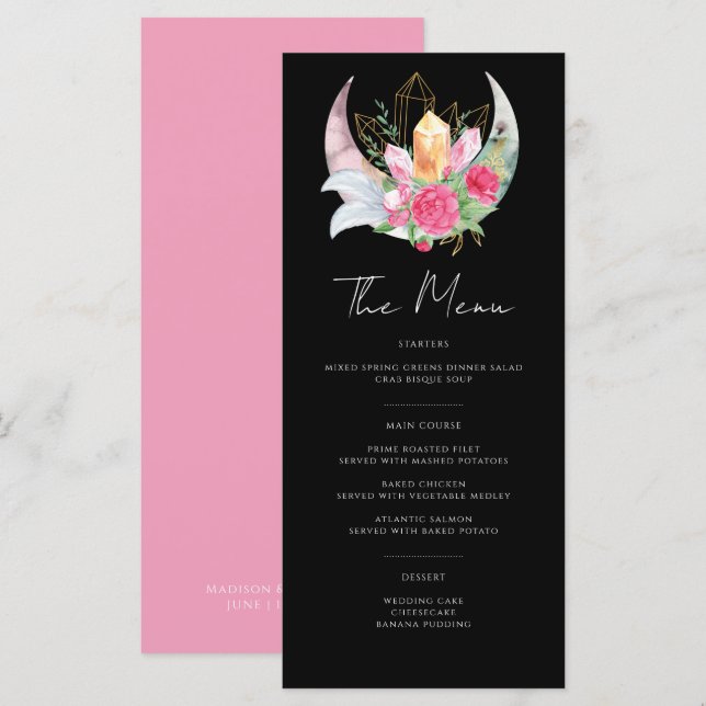 Boho Moon Crystals Feathers Pink Flowers Wedding  Menu (Front/Back)