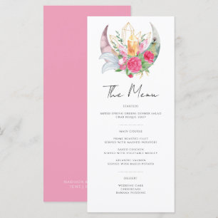 Boho Moon Crystals Feathers Pink Flowers Wedding Menu
