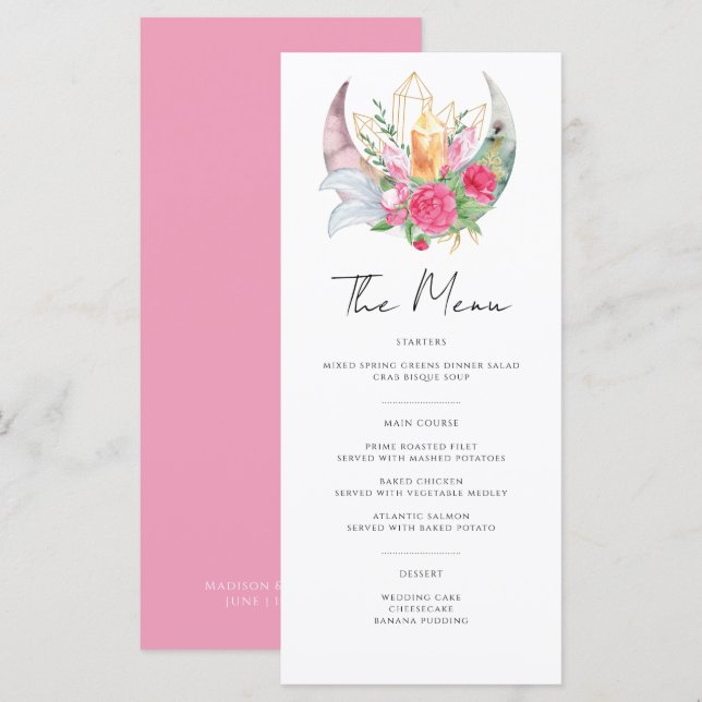 Boho Moon Crystals Feathers Pink Flowers Wedding  Menu (Front/Back)