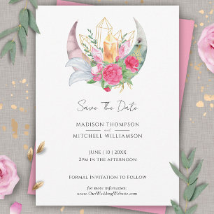 Boho Moon Crystals Feathers Pink Flowers Wedding  Save The Date