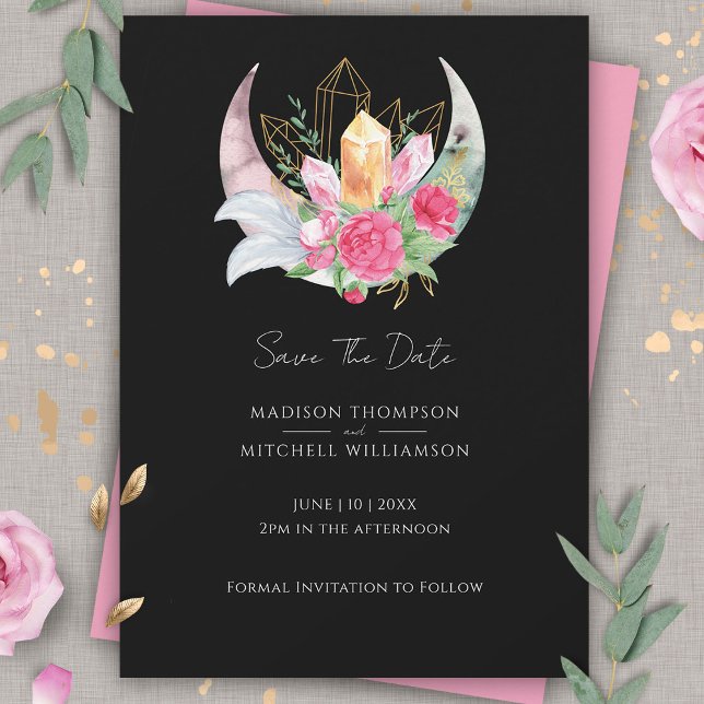 Boho Moon Crystals Feathers Pink Flowers Wedding  Save The Date (Creator Uploaded)