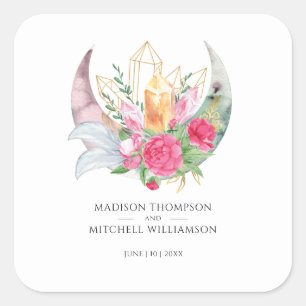 Boho Moon Crystals Feathers Pink Flowers Wedding Square Sticker