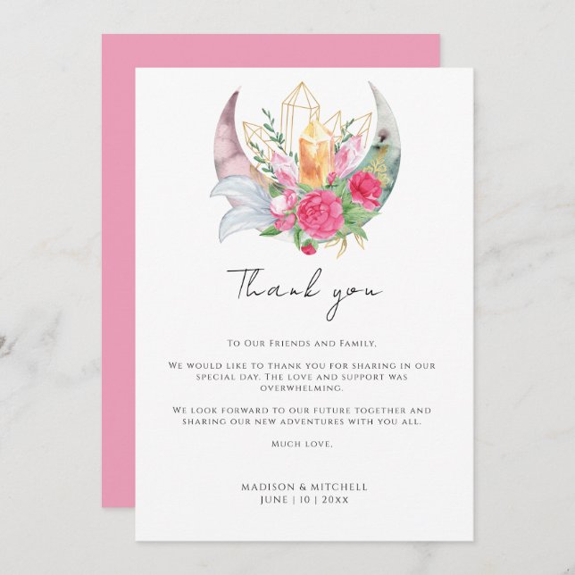 Boho Moon Crystals Feathers Pink Flowers Wedding  Thank You Card (Front/Back)