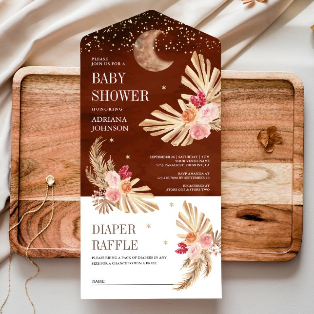 Boho Moon Dried Palm Pampas Terracotta Baby Shower All In One Invitation (Creator Uploaded)