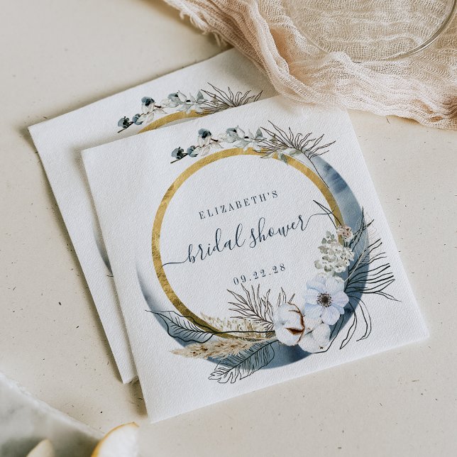 Boho Moon Floral Wreath Indigo Gold Napkin (Creator Uploaded)