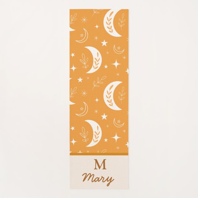 Boho Moon Pattern on Orange Monogrammed  Yoga Mat (Front)