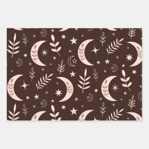 Boho moon pattern with leaves and stars wrapping paper sheet
