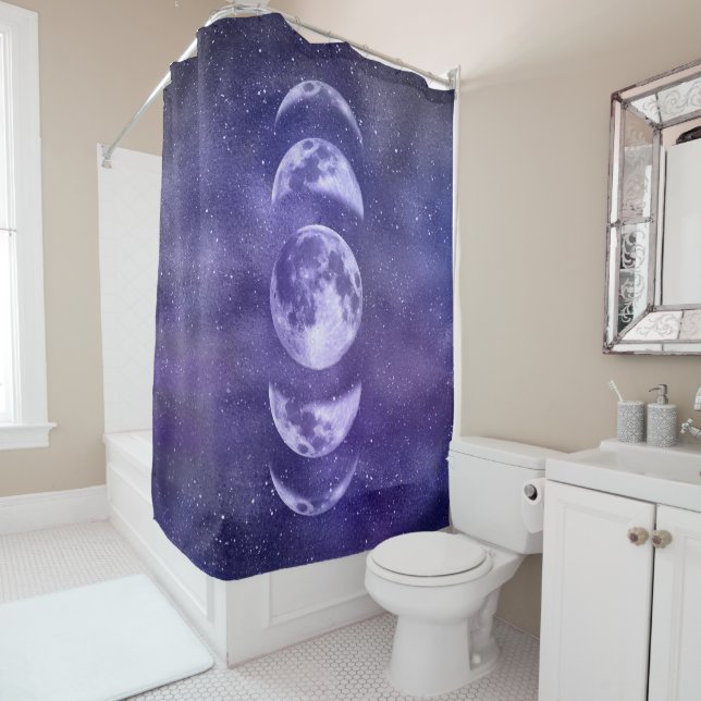 Boho Moon Phases Space Pattern Celestial Shower Curtain (In Situ)
