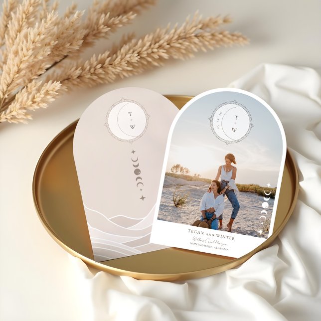 Boho Moon Star Save The Date Arch Photo Wedding Invitation (Boho Celestial Moon Star Save The Date Arch Photo Invitation)