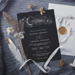 Boho Moon Stars Celestial Black QR Code Wedding Invitation