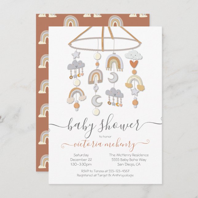 Boho Moon Stars Rainbows Clouds Mobile Baby Shower Invitation (Front/Back)