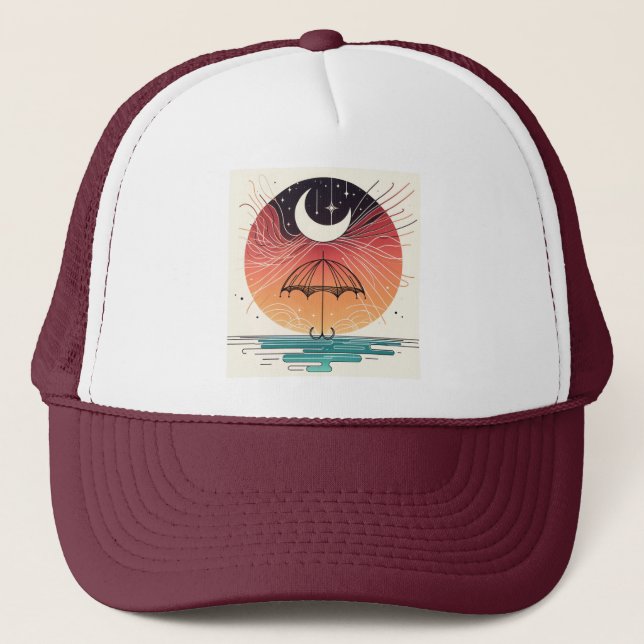 Boho Moon Umbrella Surreal Line Art Trucker Hat (Front)