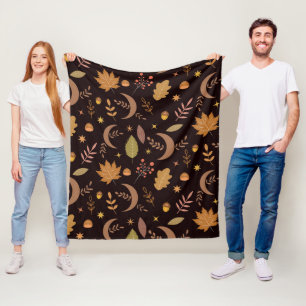 Boho Moon with Autumn Leaves Pattern    Fleece Blanket
