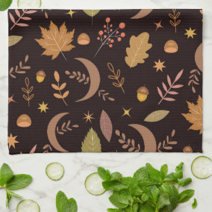 Boho Moon with autumn leaves pattern    Tea Towel